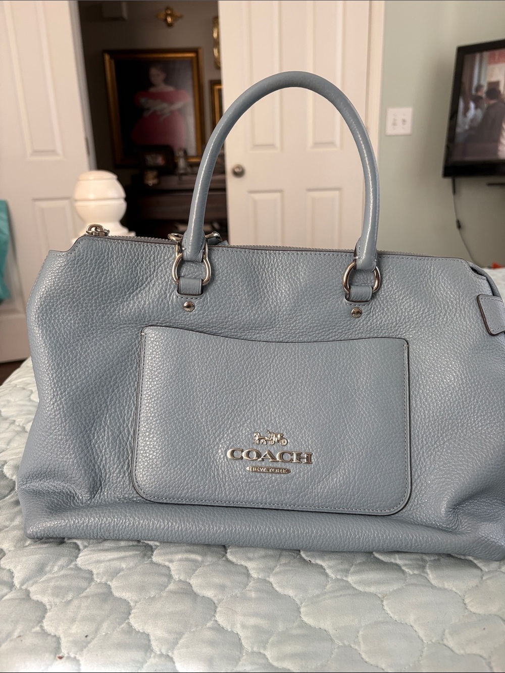 COACH Pebbled Leather Satchel in Dusty Blue